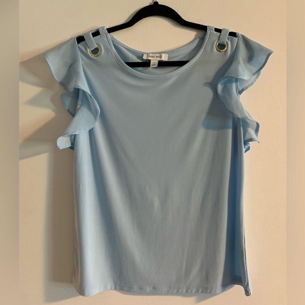 Nine West Light Blue Ruffle Sleeve Blouse